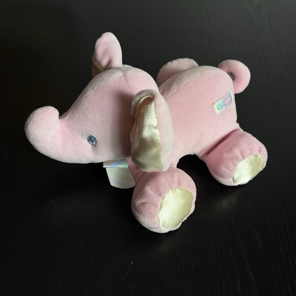 Vintage EDEN Pastel Pink Velour Plush Elephant Baby Toy Yellow Satin Feet/Ears